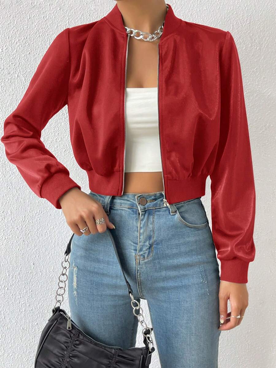 SHEIN EZwear Spring ClothesSolid Zip Up Crop Bomber Jacket In Fall/Winter - Red - View 1