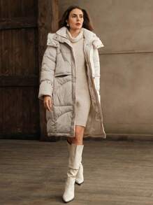 Anewsta Women's Medium-Long Loose Fit Korean Style Solid Color Hooded Padded Coat - Apricot - View 1