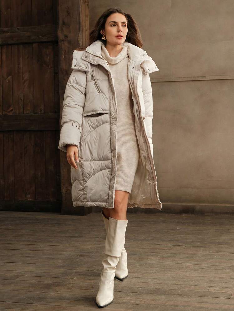 Abrigo acolchado con capucha de estilo coreano, unicolor y ajuste holgado de longitud media-larga para mujer