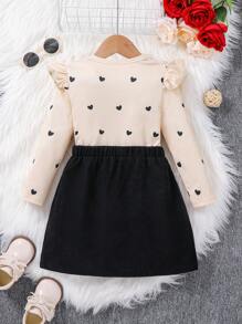 SHEIN Serisse Kids Conjunto de 2 piezas de suéter con cuello redondo y volantes con patrón de corazón tejido, y falda media con decoración de lazo de pana, estilo casual, lindo y elegante para niña preadolescente, adecuado para salidas diarias en otoño/invierno
