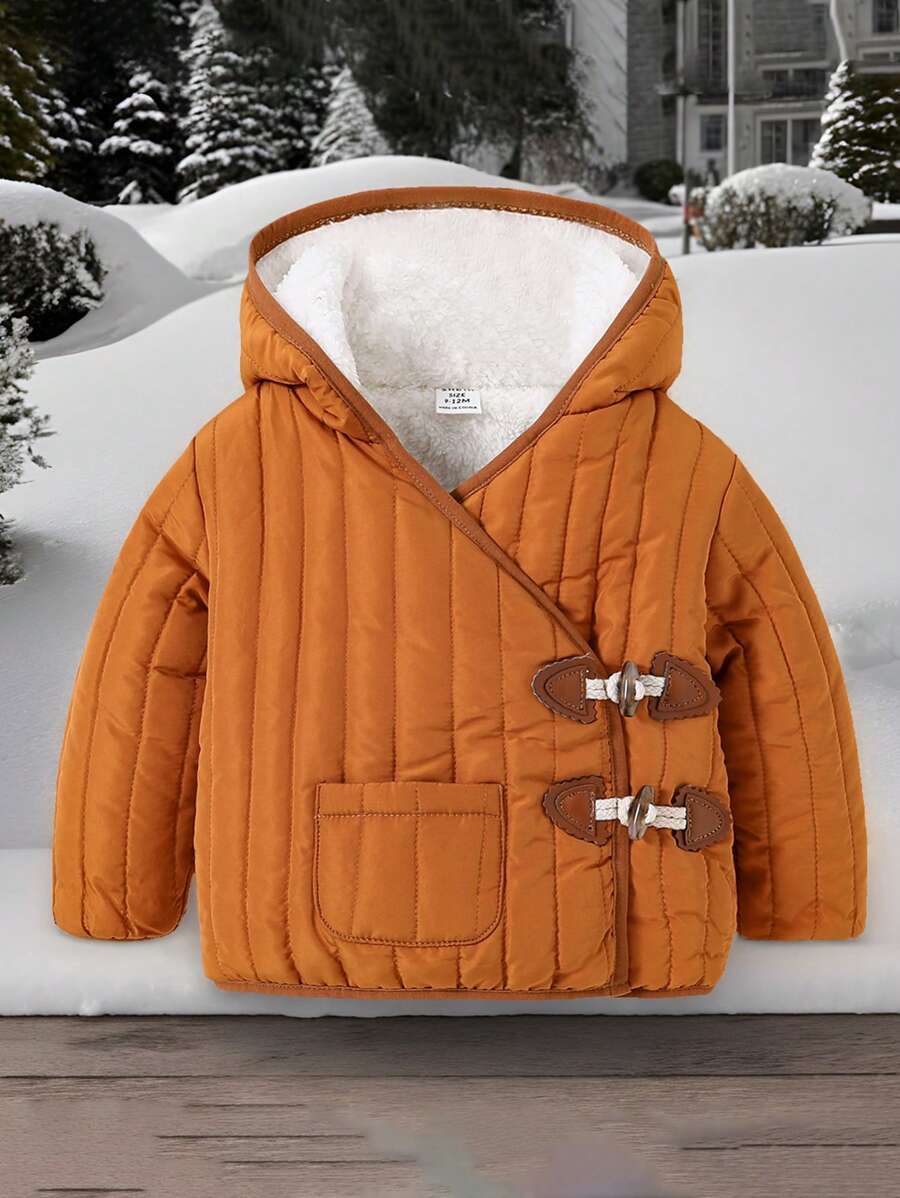 SHEIN 男婴拉链保暖内衬连帽羽绒服，适合冬季、秋季穿着 - 棕色 - 查看 1