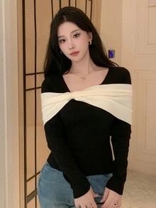 DAZY 女款撞色修身蝴蝶結裝飾長袖針織衫，秋冬款 - 黑色 - 查看 7