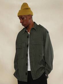 SUMWON Boxy Longline Utility Denim Shirt With Shoulder Tab Detail - Army Green - View 6