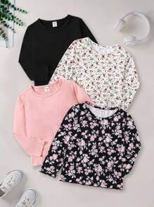 SHEIN Genkimix Kids 4pcs/Set Girls Casual Long Sleeve Round Neck T-Shirts, 2pcs Printed Tees + 2pcs Solid Color Tees, Comfortable & Fashionable For Autumn/Winter - Multicolor - View 8