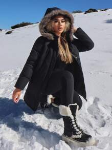 SHEIN SXY Warm Thickened Long Sleeve Black Hooded Padded Coat For Fall & Winter