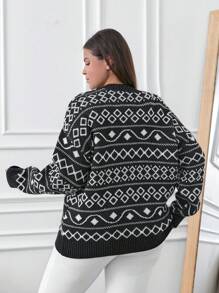 RueChic Plus Relaxed Fit Winter Jacquard Sweater - Black and White - View 2