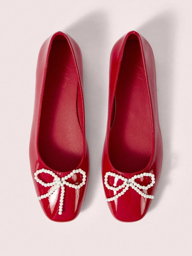 CUCCOO DOLLMOD Red Pearl Bow Square Toe Flat Slip-On Shoes For Women Halloween Sorceress