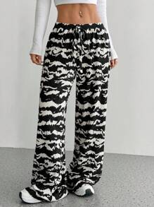 SHEIN Unity Women's Zebra Stripe Casual Lace Up Low Waist Pants Fall Cloth For Women - Multicolor - View 1