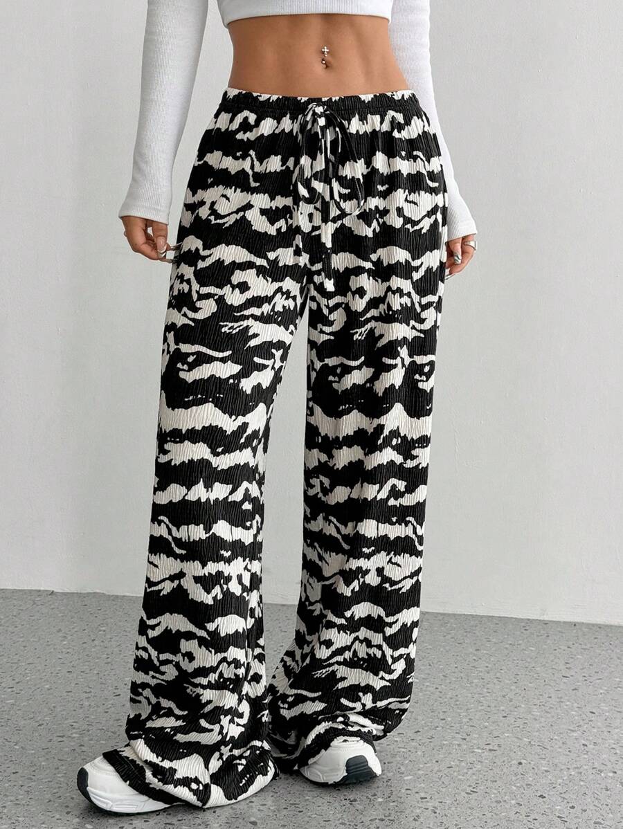 SHEIN Unity Women's Zebra Stripe Casual Lace Up Low Waist Pants Fall Cloth For Women - Multicolor - View 1