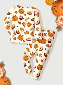 SHEIN Young Boy Casual Simple Halloween Element Pattern Snug Fit Thermal Lined Long Sleeve Crew Neck Pants Home Set, Suitable For Autumn/Winter