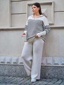 EURMUSE Plus Size Sweater Women Stripe Pattern Zip Detailed Neck Drop Shoulder Pullover Sweater & Pants Set, For Winter - Multicolor - View 3
