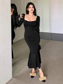 DAZY Solid Color Square Neck Puff Sleeve Mermaid Midi Dress For Women, Birthday Prom Dress,Ruffle,Fall Clothes - Black - View 6