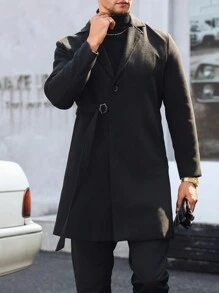 Manfinity Mode Áo khoác dài tay buộc dây màu trơn cho nam, túi tiện dụng, ve áo, tay dài, mùa thu đông - màu đen - Xem 5