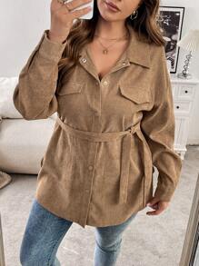 SHEIN Frenchy Abrigo largo de pana con botones, de manga larga, informal, en talla grande, color marrón, para otoño/invierno