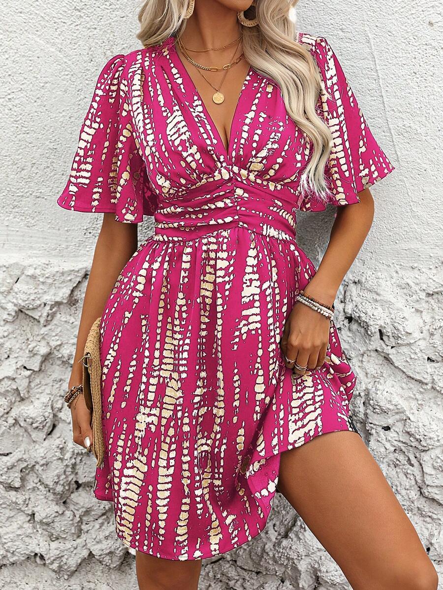 Breezaya Summer Casual All-Over Print Ruched Ruffle Sleeve Dress - Hot Pink - View 1