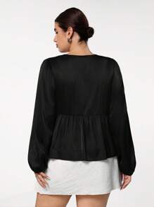 SHEIN EZwear Plus Size Women Fall Daily Casual Loose Fit Bowknot Shirt, Workplace Lightweight Shiny Satin Blouse - Black - View 2
