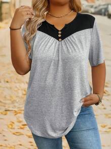 SHEIN LUNE Áo thun tay ngắn màu tương phản cổ chữ V mùa hè cỡ lớn cho nữ - Xám - Xem 1
