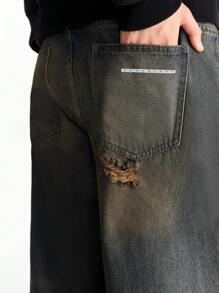 NEON BLANC Men's Street Style Mid-Rise Straight Ripped Jeans - Dark Green - View 6