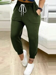 Women's Casual Drawstring Waist Ankle Length Pants, Solid Color Spring - Army Green - View 4