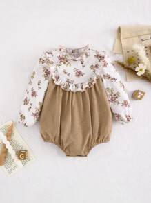 SHEIN LMoss Kids LMoss Baby Girl Newborn Baby Girl Ditsy Floral Bodysuit, Knitted Ruffle Collar Corduroy Patchwork One-Piece Outfit For Holiday & Party - Apricot - View 8