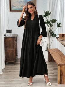 EMERY ROSE V-Neck Ruffled Sleeve & High-Low Hem Tree Leaf Print Casual Fall Long Dress For Women Viscose Dress - Black - View 3