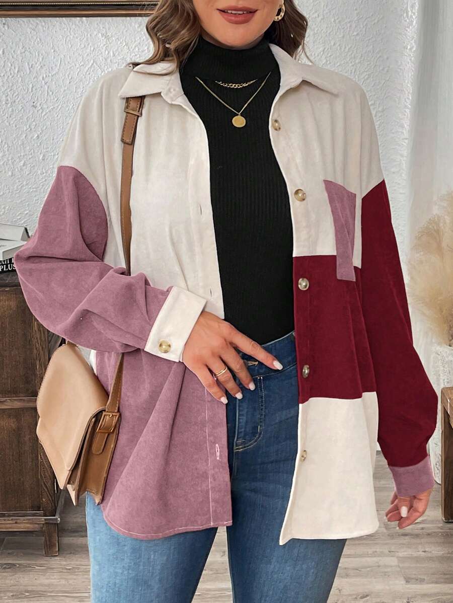 SHEIN LUNE 大码女式灯芯绒拼色落肩长袖口袋休闲宽松衬衫 - 粉色 - 查看 1