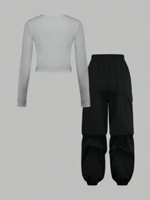 SHEIN Girlism Tween Girl Fitted Casual Ribbed Star Pattern T-Shirt And Ruched Pants 2pcs Set - Grey - View 2