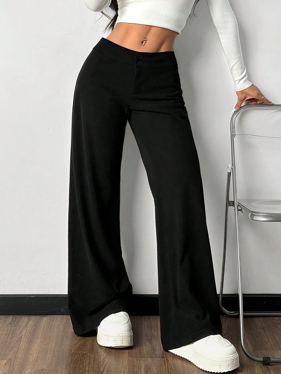 SHEIN EZwear 黑色针织女宽腿宽松休闲裤 - 黑色 - 查看 1