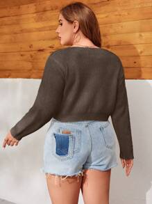 Calvaya Plus Size Solid Color Tie Front Cropped Cardigan - Brown - View 2