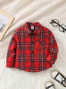 SHEIN Leap Crew Áo sơ mi kẻ caro thường ngày cho bé trai, phong cách thể thao/trường học đa năng, phối màu đỏ và đen, thích hợp mặc vào mùa xuân, thu, đông, trong nhà và ngoài trời, mặc vào dịp Giáng sinh - Đỏ - Xem 1