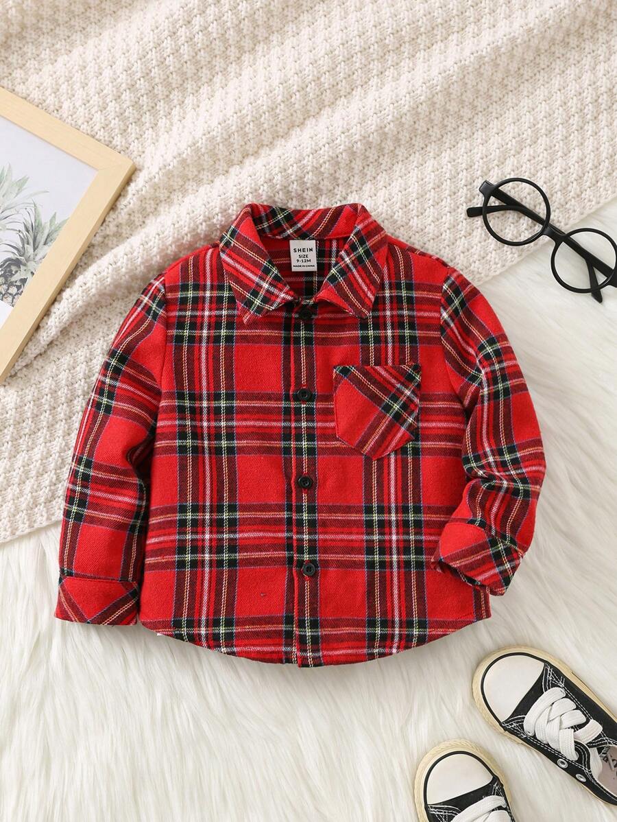 SHEIN Leap Crew Áo sơ mi kẻ caro thường ngày cho bé trai, phong cách thể thao/trường học đa năng, phối màu đỏ và đen, thích hợp mặc vào mùa xuân, thu, đông, trong nhà và ngoài trời, mặc vào dịp Giáng sinh - Đỏ - Xem 1