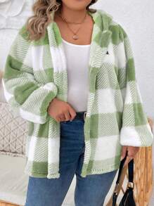 SHEIN LUNE Chaqueta gruesa con capucha de forro polar a cuadros de manga larga para mujer de talla grande para otoño/invierno - verde menta - Ver 6