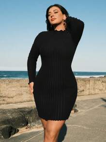 SHEIN VCAY Plus Size Women Solid Color Long Sleeve Ruffle Collar Fitted Midi Dress - Black - View 3