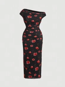 SHEIN MOD Plus Size Vintage Elegant Rose Floral Asymmetrical Neck Long Dress, Romantic Flowing Dress - Multicolor - View 1
