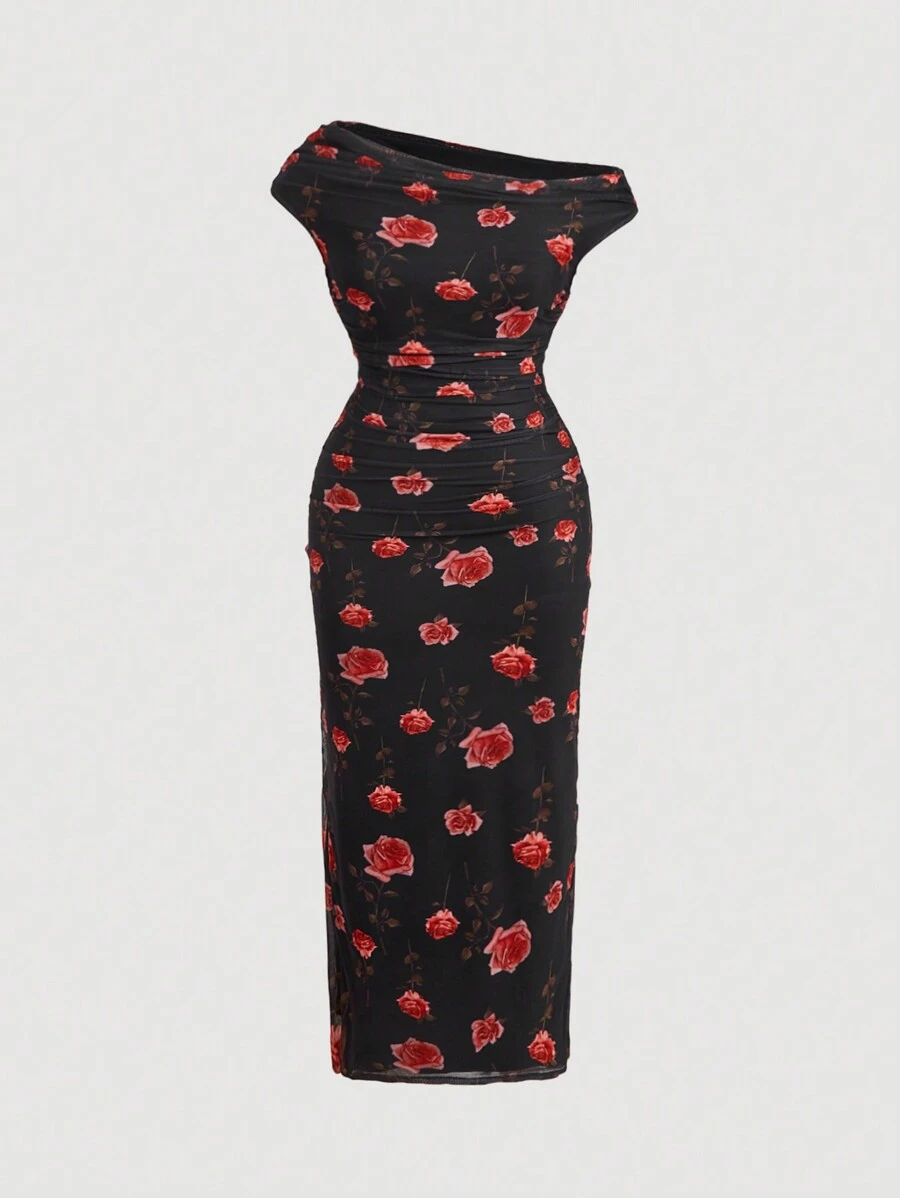 SHEIN MOD Plus Size Vintage Elegant Rose Floral Asymmetrical Neck Long Dress, Romantic Flowing Dress - Multicolor - View 1