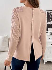 SHEIN Frenchy Plus Size Women's Spring & Autumn Elegant Contrast Lace Round Neck Long Sleeve T-Shirt - Apricot - View 3