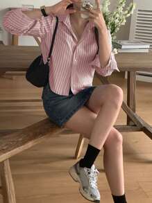 DAZY Women Striped Fitted Cropped Long Sleeve Blouse, Pink, Spring/Autumn,Fall Women Clothes - Pink - View 4