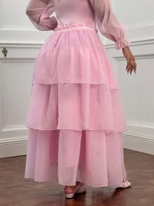 Flirla Plus Size Sweet European Style Palace Tie-Bow Ruffle Layered Skirt With Front Opening, Pink - Pink - View 2