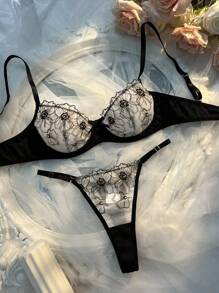 2 piezas Conjunto de lencería de la serie Rosa Negra para mujeres