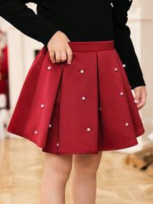 SHEIN Young Girl Woven Solid Color Beaded Casual Skirt, For Christmas