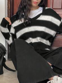 DAZY Women's Autumn New Casual Vintage Striped V-Neck Loose Knitted Sweater - Black - View 3