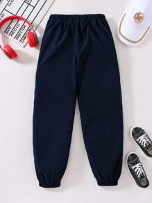 SHEIN Casuvi Kids Tween Boys' Navy Blue Casual Jogger Pants With Side Striped Print, Suitable For Leisure And Sports Wear Chic Outfits For Autumn/Winter - Blue - View 2