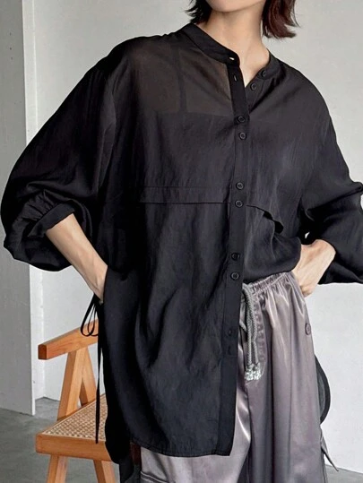 FRIFUL 女士休闲纯色落肩长袖单排扣宽松黑色大码衬衫，春夏