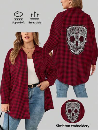 SHEIN LUNE Plus Size Halloween Embroidered Skull Shirt Winter Clothes