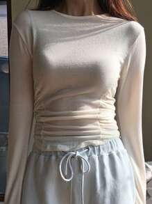 DAZY 女士圆领纯色长袖T恤，秋季服装 - 白色 - 查看 3