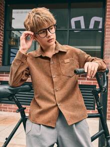 SHEIN Chaqueta informal de manga larga, bolsillo y holgada de pana para niños preadolescentes, otoño/invierno