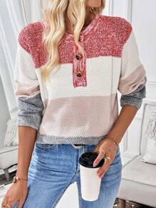 SHEIN LUNE Contrast Color Mixed Yarn V-Neck Long Sleeve Sweater, Knit Pullover Fall Winter - Multicolor - View 6