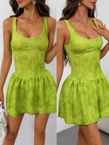 Chiquease 时尚性感破洞扎染印花无袖连衣裙 - 青檸色 - 查看 1