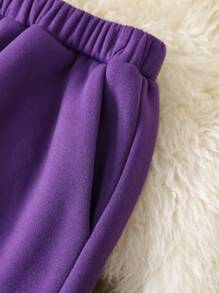 SHEIN Leap Crew Teen Girls Purple Tracksuit, Back To School, Casual Sports White And Purple Knitted Slogan Print Sweatshirt And Sweatpants Two-Piece Set - Purple - View 4