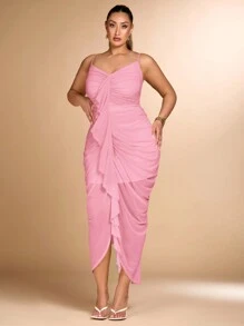 SHEIN BAE Plus Size Women Fitted Ruched Bust Elegant Dress With Ruffled Front Detail - Pink - View 3